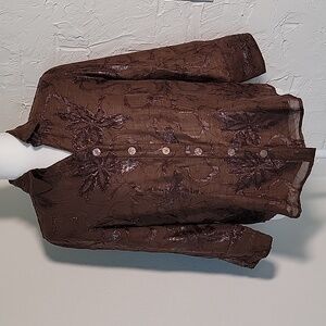 Coldwater Creek Crinkle Shimmer Shirt Blouse Button Down Long Sleeve Brown 6 8 P